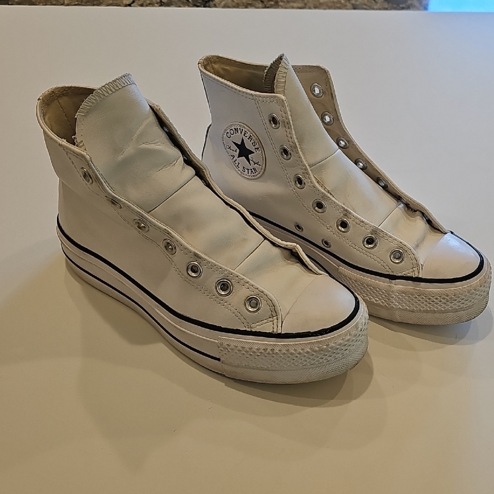 Converse Women's High Top Sneakers White  Black Trim Leather Upper Women's 7.5